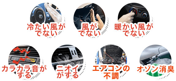 冷たい風がでない/風がでない/暖かい風がでない/カラカラ音がする/ニオイがする/エアコンの不調/オゾン消臭